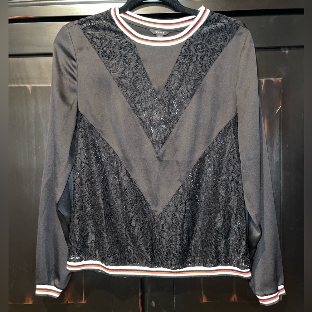 Guess Long Sleeve Silky Lace Top Size S